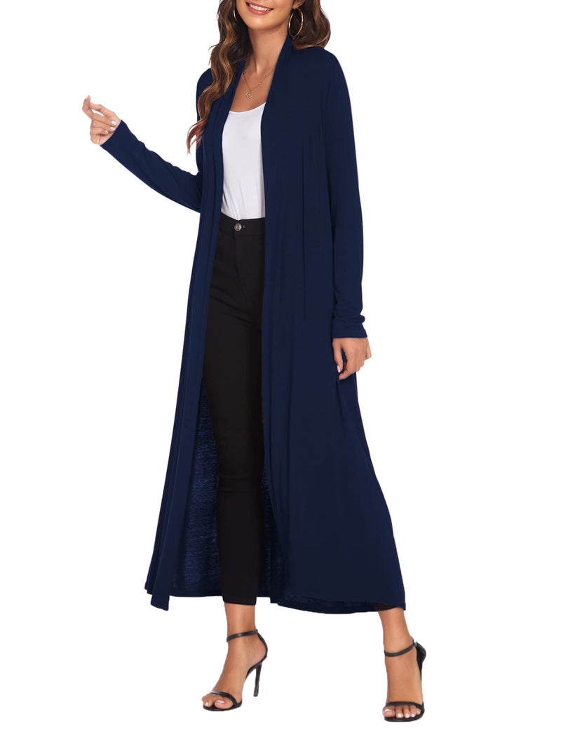 Bluetime Women Floor Length Open Front Cardigan Lightweight Long Sleeve Maxi Duster with Pockets (XXL, Navy Blue) - Image 3