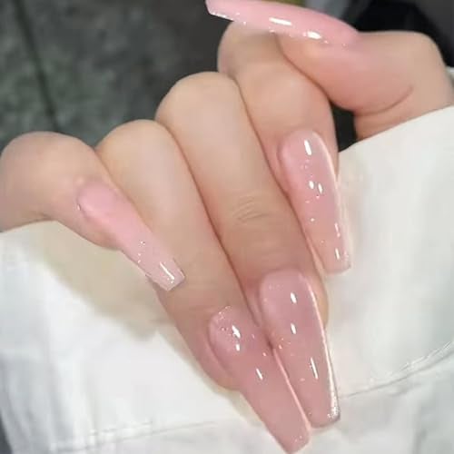 Foccna Press on Nails Long Pink Fake Nails Coffin Bling Glossy False Nail Tips Artificial Nails Finger Manicure for Women and Girls-24pcs - Image 1