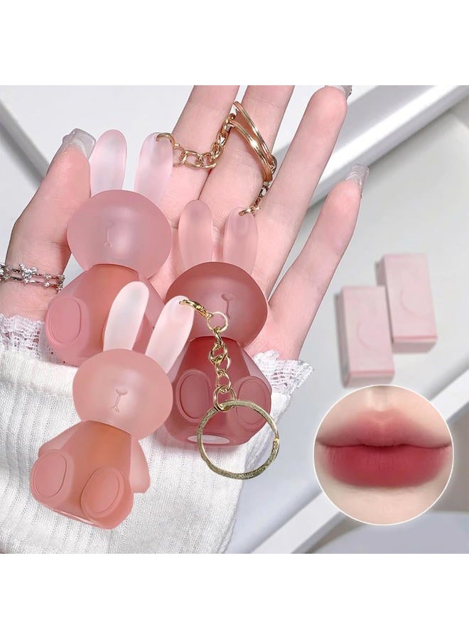 Pakivs Matte Liquid Lipstick Set of 3 Cute Rabbit Lip Gloss Keychain 2 in 1 Lip Tint Waterproof Non-Stick Long Lasting Lip Clay Cute Maqui - Image 1