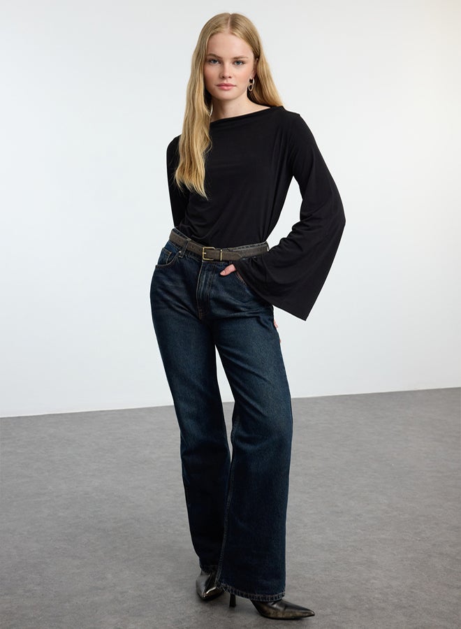 trendyol Black Relaxed/Comfortable Fit Spanish Sleeve Stretchy Knitted Blouse TWOAW25BZ00203 - Image 2