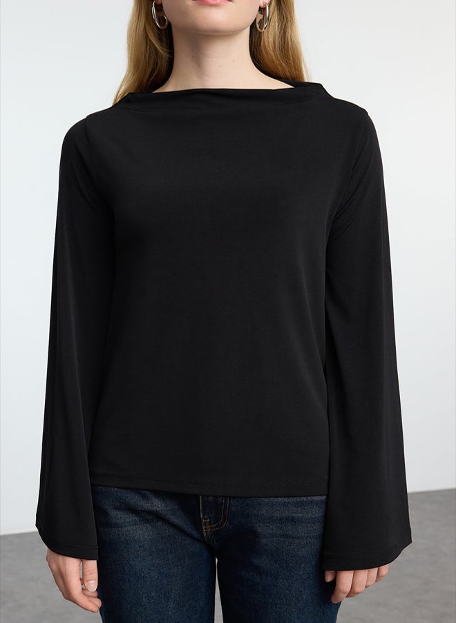trendyol Black Relaxed/Comfortable Fit Spanish Sleeve Stretchy Knitted Blouse TWOAW25BZ00203 - Image 3