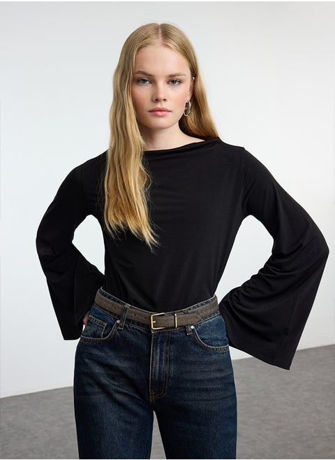 Black Relaxed/Comfortable Fit Spanish Sleeve Stretchy Knitted Blouse TWOAW25BZ00203