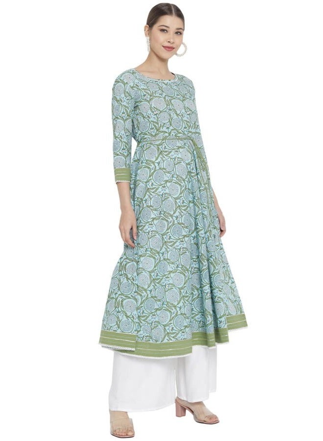 Yash Gallery Women's Cotton Floral Printed Anarkali Kurta for Women (1393YKBLUE_Blue_Large) - Image 3