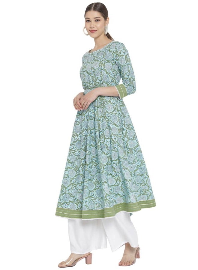 Yash Gallery Women's Cotton Floral Printed Anarkali Kurta for Women (1393YKBLUE_Blue_Large) - Image 2