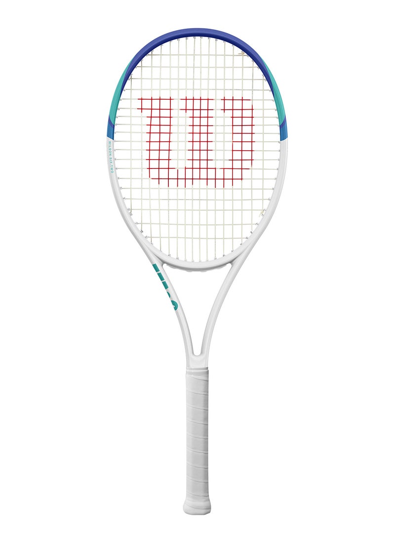 Wilson Six Two Tennis Racket, Head 105, 16x19, Adults, Beginners/ Intermediate - White/ Blue - Image 1