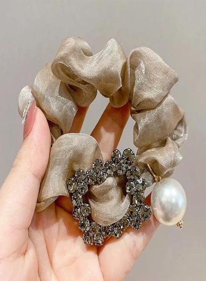 Melodio Pearl Hair Scrunchies for Women - Elegant Crunchy Hair Ties with Rhinestones, Sparkly Hair Band for Ponytail, Wedding, Party | Luxurious Hair Accessories for Women & Girls (Apricot) - Image 2