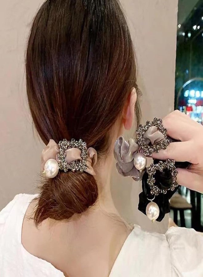 Melodio Pearl Hair Scrunchies for Women - Elegant Crunchy Hair Ties with Rhinestones, Sparkly Hair Band for Ponytail, Wedding, Party | Luxurious Hair Accessories for Women & Girls (Apricot) - Image 3