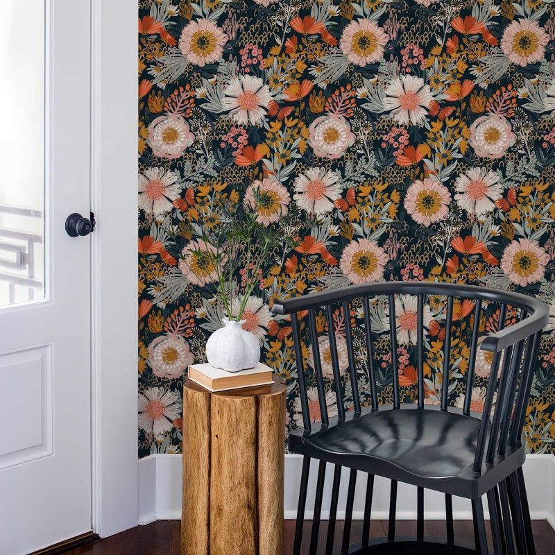 Simon&Siff Boho Peel and Stick Wallpaper Vintage Floral Wall Paper Navy/White/Orange/Pink 17.7 x 80in Removable Contact Paper for Bedroom Cabinets Shelf Drawers Renter Friendly - Image 3