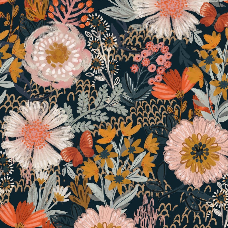 Simon&Siff Boho Peel and Stick Wallpaper Vintage Floral Wall Paper Navy/White/Orange/Pink 17.7 x 80in Removable Contact Paper for Bedroom Cabinets Shelf Drawers Renter Friendly - Image 1
