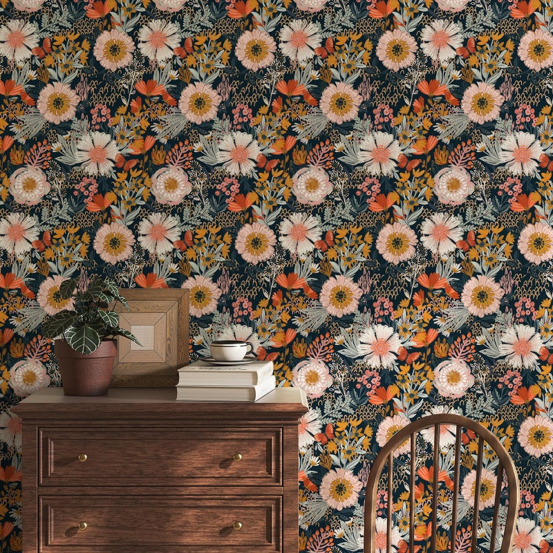 Simon&Siff Boho Peel and Stick Wallpaper Vintage Floral Wall Paper Navy/White/Orange/Pink 17.7 x 80in Removable Contact Paper for Bedroom Cabinets Shelf Drawers Renter Friendly - Image 2