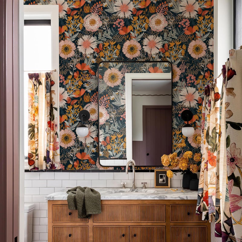 Simon&Siff Boho Peel and Stick Wallpaper Vintage Floral Wall Paper Navy/White/Orange/Pink 17.7 x 80in Removable Contact Paper for Bedroom Cabinets Shelf Drawers Renter Friendly - Image 4