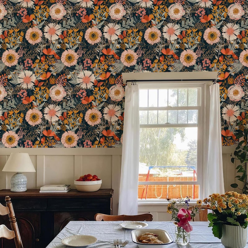 Simon&Siff Boho Peel and Stick Wallpaper Vintage Floral Wall Paper Navy/White/Orange/Pink 17.7 x 80in Removable Contact Paper for Bedroom Cabinets Shelf Drawers Renter Friendly - Image 5