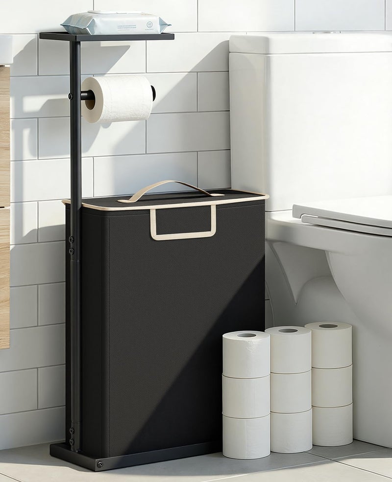 SOLEDI Freestanding Toilet Paper Holder Stand with Shelf for Up to 12 Rolls,Rustproof Metal Bathroom Toilet Paper Storage with Lid, All-in-One Toilet Tissue Roll Dispenser and Organizer,Black - Image 1