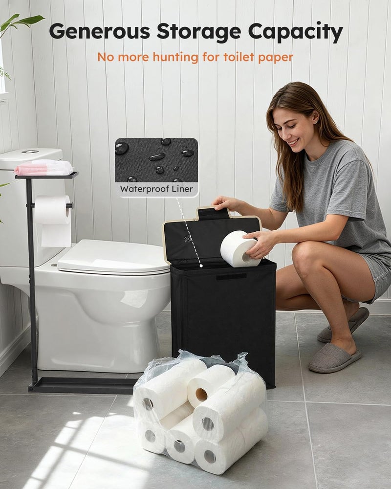 SOLEDI Freestanding Toilet Paper Holder Stand with Shelf for Up to 12 Rolls,Rustproof Metal Bathroom Toilet Paper Storage with Lid, All-in-One Toilet Tissue Roll Dispenser and Organizer,Black - Image 5