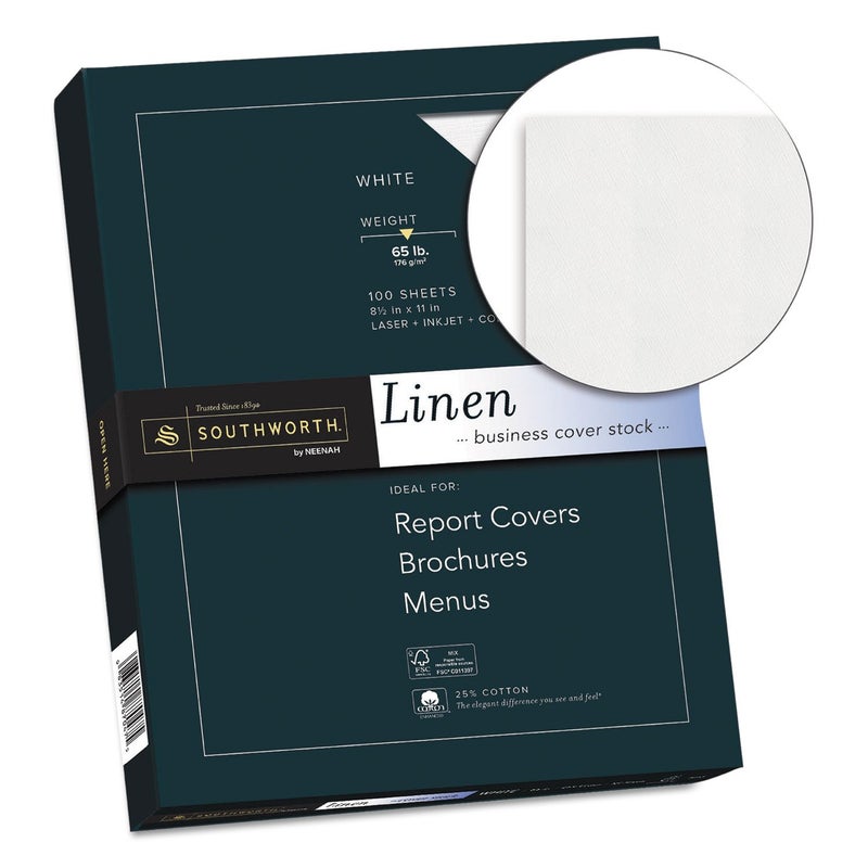 Southworth ورق كتان ساوثورث® 25% قطن، 8 1/2" × 11"، 65 رطل، أبيض، عبوة من 100 ورقة - Image 2