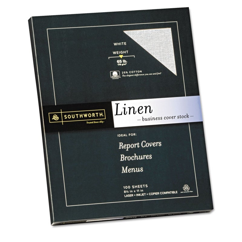 Southworth ورق كتان ساوثورث® 25% قطن، 8 1/2" × 11"، 65 رطل، أبيض، عبوة من 100 ورقة - Image 1