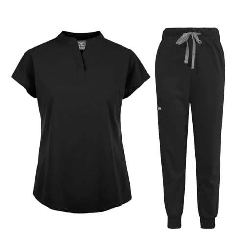 niaahinn Scrubs Set for Women Nurse Uniform Jogger Suit Stretch Top Pants with Multi Pocket for Nurse Esthetician Workwear Black XXLarge
