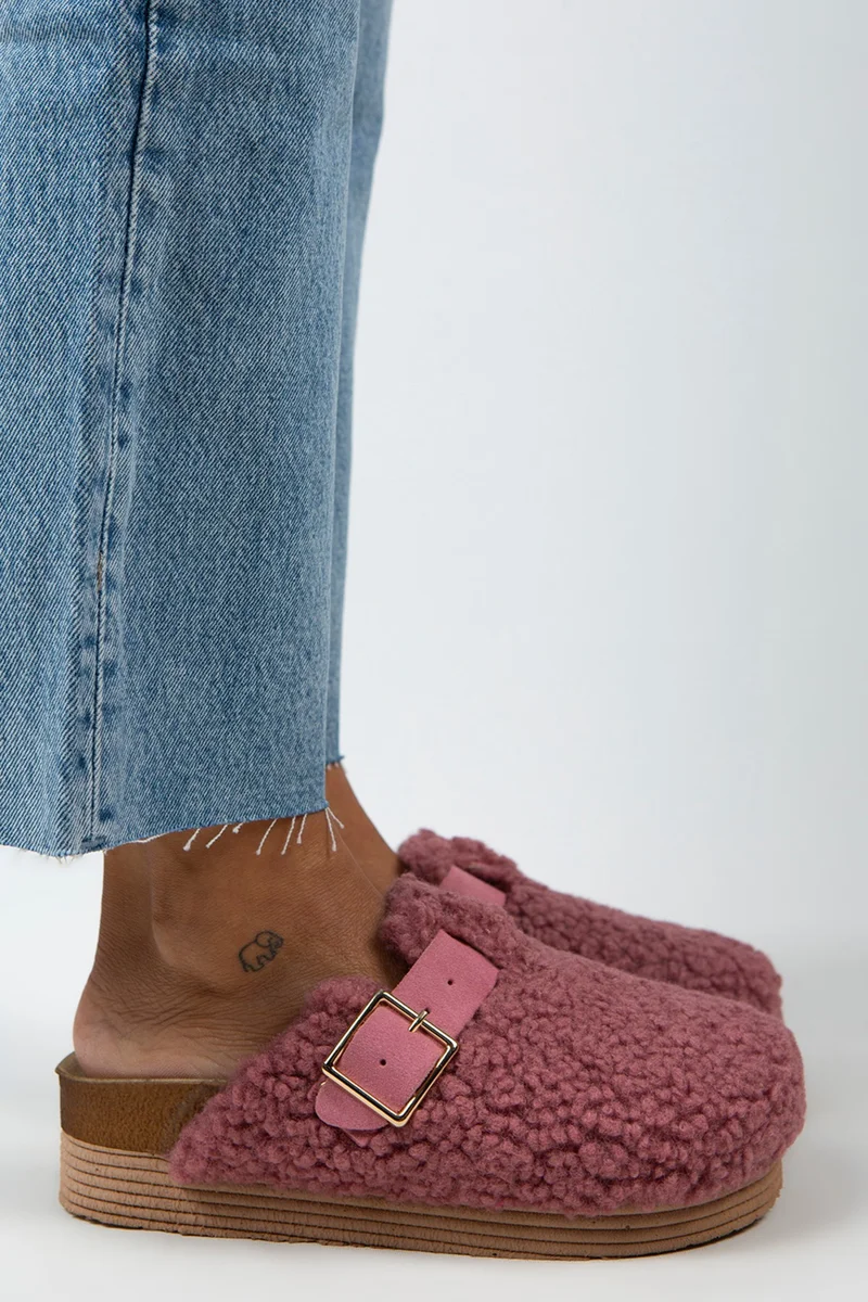 Manijero Manijero Juno Women's Textile Fur-Lined Genuine Leather Belted Buckle Lilac Slippers