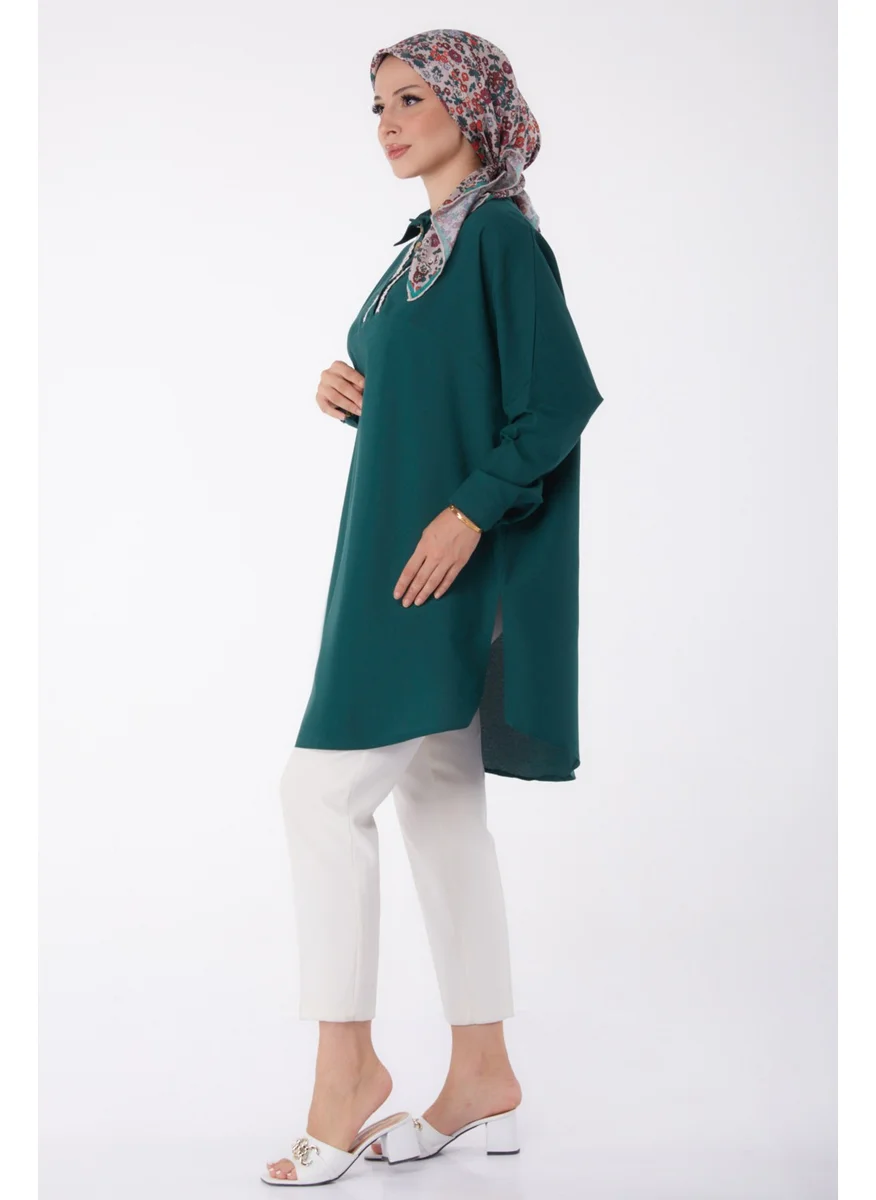 Tofisa Plain Shirt Collar Women's Green Tunic - 13257