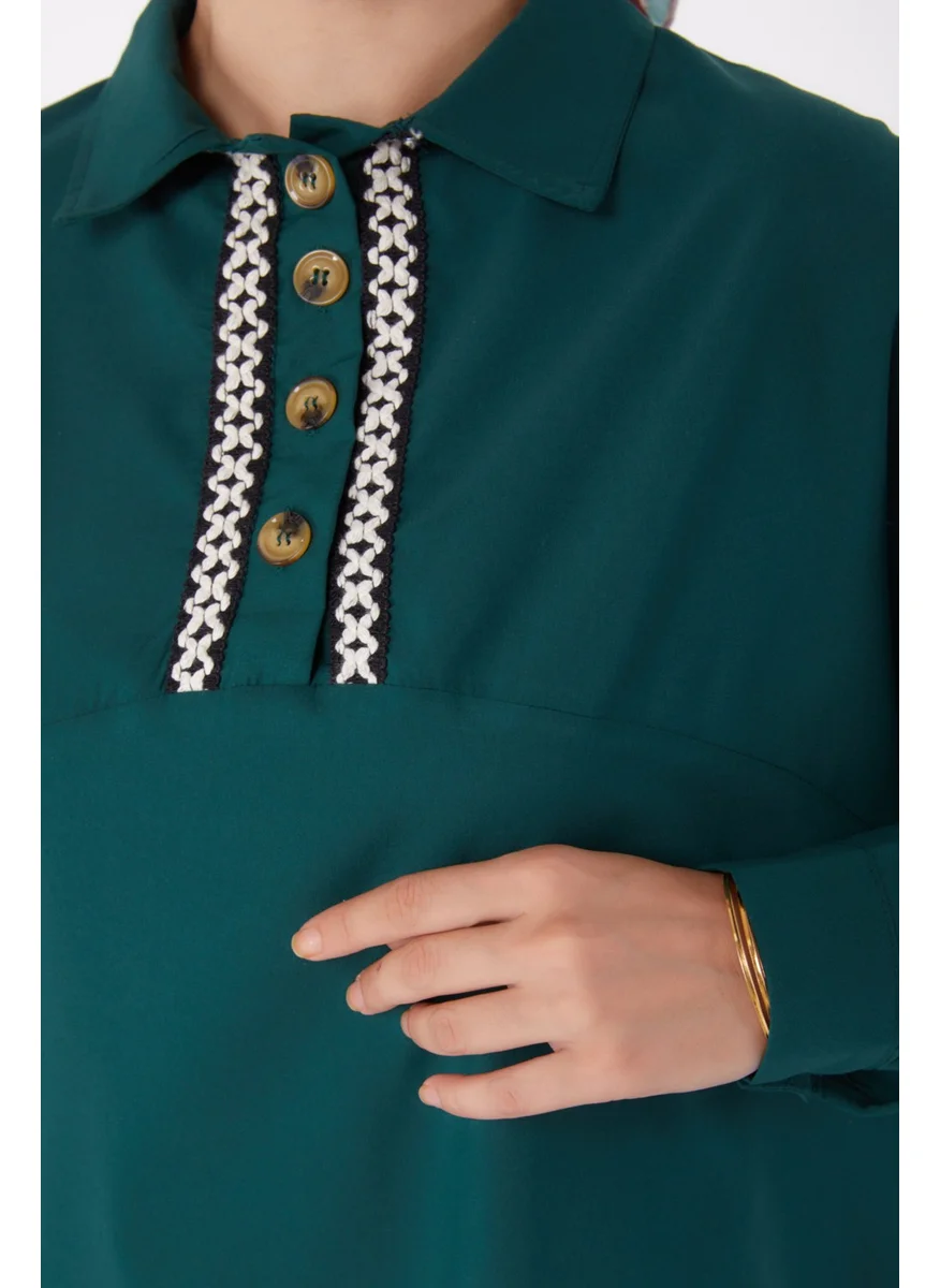 Tofisa Plain Shirt Collar Women's Green Tunic - 13257