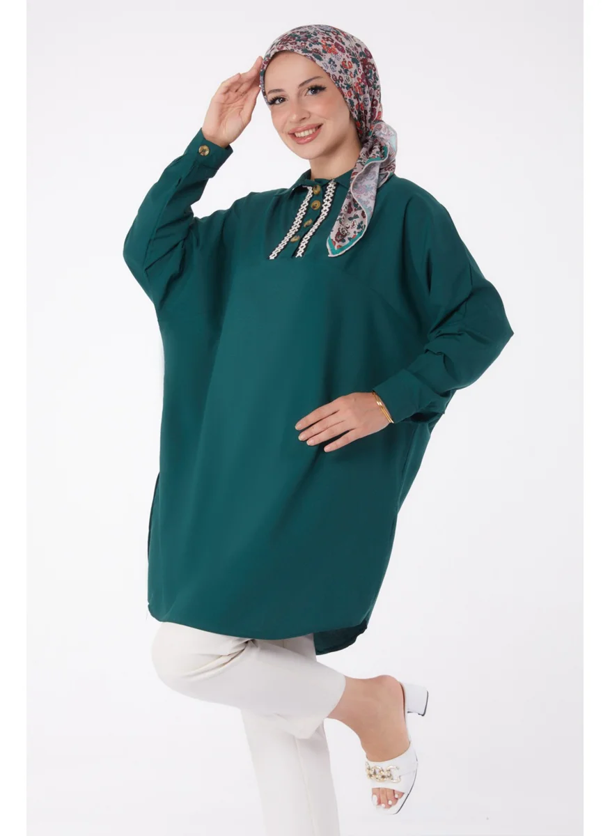 Tofisa Plain Shirt Collar Women's Green Tunic - 13257