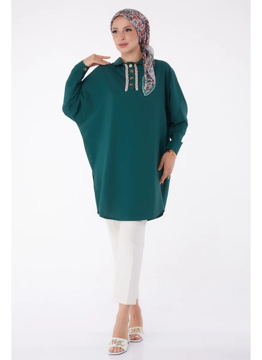 Tofisa Plain Shirt Collar Women's Green Tunic - 13257