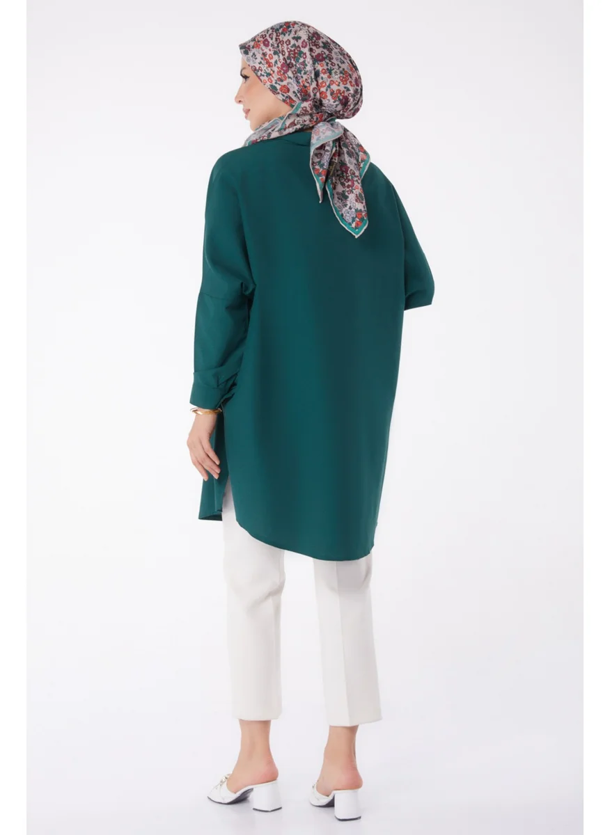 Tofisa Plain Shirt Collar Women's Green Tunic - 13257