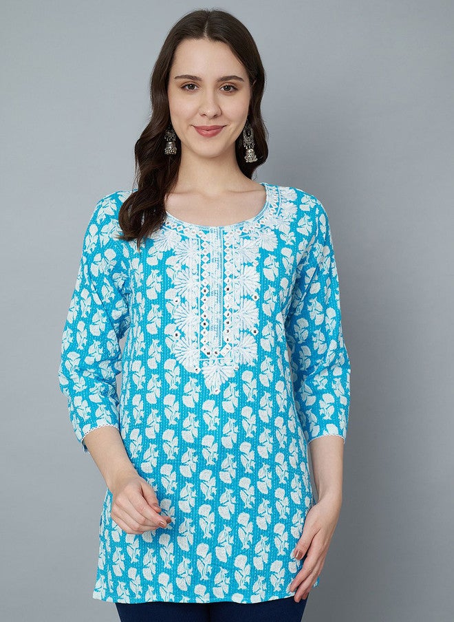 Trend Level Sea Green and White Embroidered Kurti - Image 1