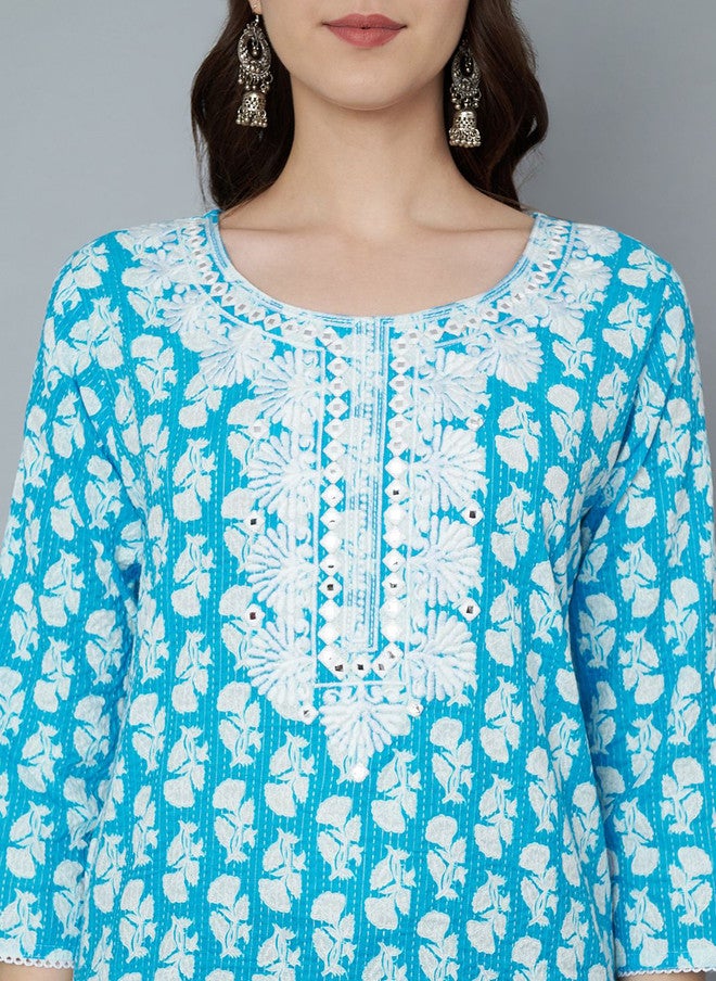 Trend Level Sea Green and White Embroidered Kurti - Image 2