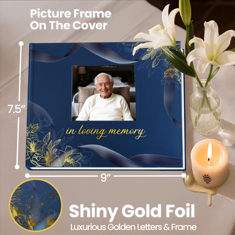 Braveriky Elegant Funeral Guest Book - in Loving Memory Guestbook with Photo Slot - 330 Entries Memorial Guest Sign in Book for Funeral Service, 9"x7.5", Navy - Image 2