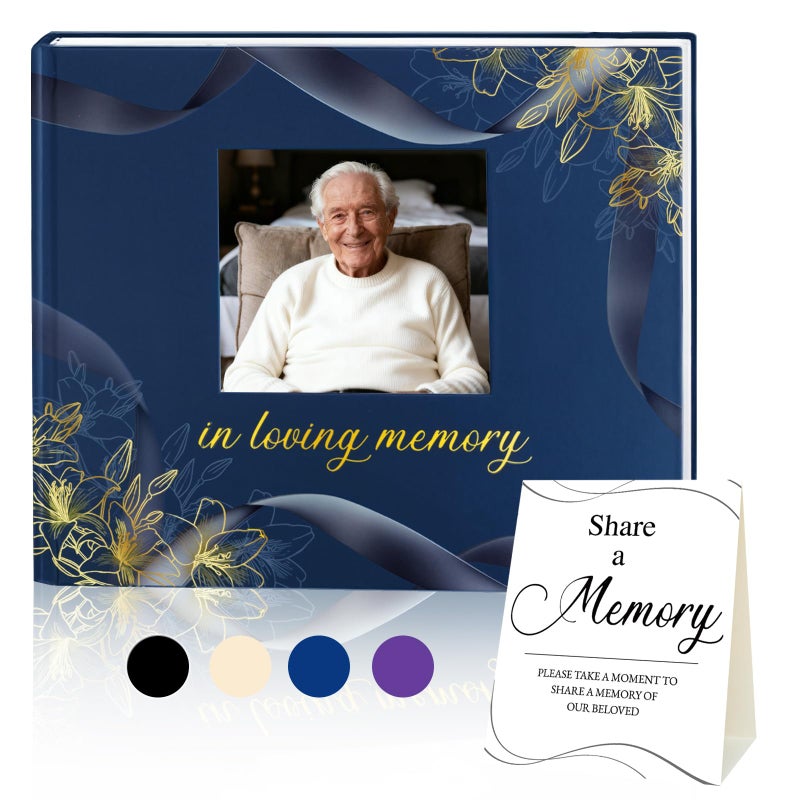 Braveriky Elegant Funeral Guest Book - in Loving Memory Guestbook with Photo Slot - 330 Entries Memorial Guest Sign in Book for Funeral Service, 9"x7.5", Navy - Image 1