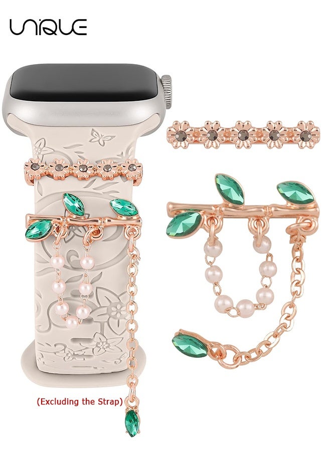 يونيك مجموعة مشابك تزيين الساعة بقطعتين - مشبك زخرفي على شكل غصن بالزركون الأخضر - متوافق مع أحزمة ساعة آبل - 38 مم 40 مم 41 مم 42 مم 44 مم 45 مم 49 مم - لسلسلة iWatch Ultra 9 8 7 6 5 4 3 2 1 SE، حلقة زخرفية للساعة الذكية (بدون حزام) - Image 1