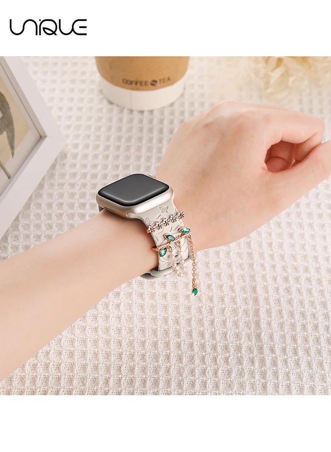 يونيك مجموعة مشابك تزيين الساعة بقطعتين - مشبك زخرفي على شكل غصن بالزركون الأخضر - متوافق مع أحزمة ساعة آبل - 38 مم 40 مم 41 مم 42 مم 44 مم 45 مم 49 مم - لسلسلة iWatch Ultra 9 8 7 6 5 4 3 2 1 SE، حلقة زخرفية للساعة الذكية (بدون حزام) - Image 4