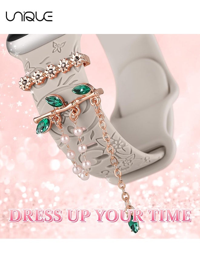 يونيك مجموعة مشابك تزيين الساعة بقطعتين - مشبك زخرفي على شكل غصن بالزركون الأخضر - متوافق مع أحزمة ساعة آبل - 38 مم 40 مم 41 مم 42 مم 44 مم 45 مم 49 مم - لسلسلة iWatch Ultra 9 8 7 6 5 4 3 2 1 SE، حلقة زخرفية للساعة الذكية (بدون حزام) - Image 3