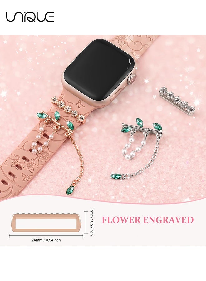 يونيك مجموعة مشابك تزيين الساعة بقطعتين - مشبك زخرفي على شكل غصن بالزركون الأخضر - متوافق مع أحزمة ساعة آبل - 38 مم 40 مم 41 مم 42 مم 44 مم 45 مم 49 مم - لسلسلة iWatch Ultra 9 8 7 6 5 4 3 2 1 SE، حلقة زخرفية للساعة الذكية (بدون حزام) - Image 2