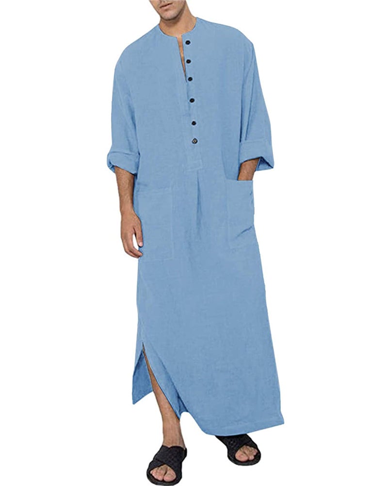 YAOHUOLE Islamic Thobe for Men Button down Mens Caftans Loungewear Muslim Robe Men Blue M - Image 1