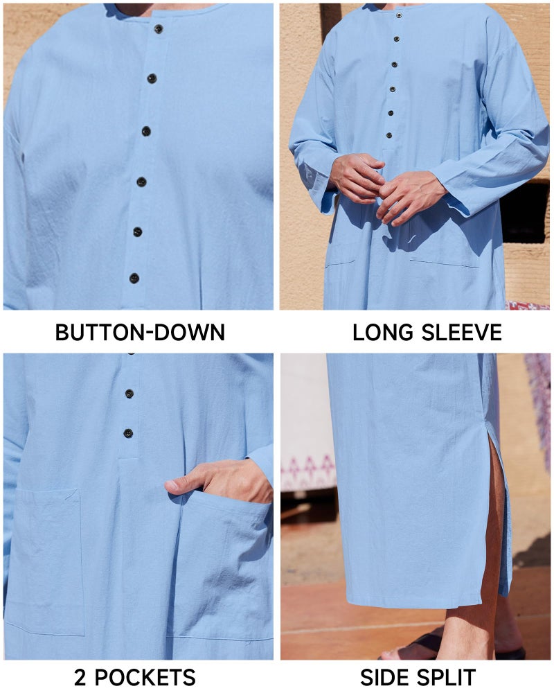 YAOHUOLE Islamic Thobe for Men Button down Mens Caftans Loungewear Muslim Robe Men Blue M - Image 5