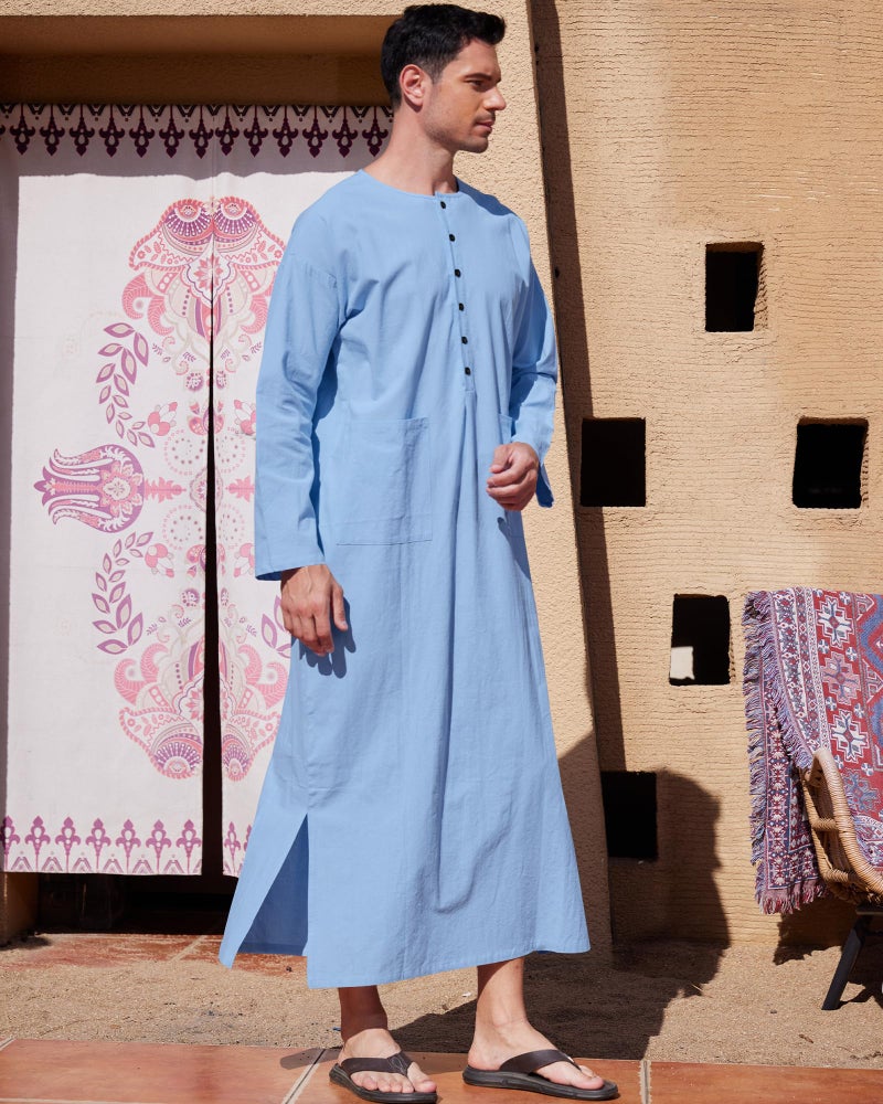 YAOHUOLE Islamic Thobe for Men Button down Mens Caftans Loungewear Muslim Robe Men Blue M - Image 3