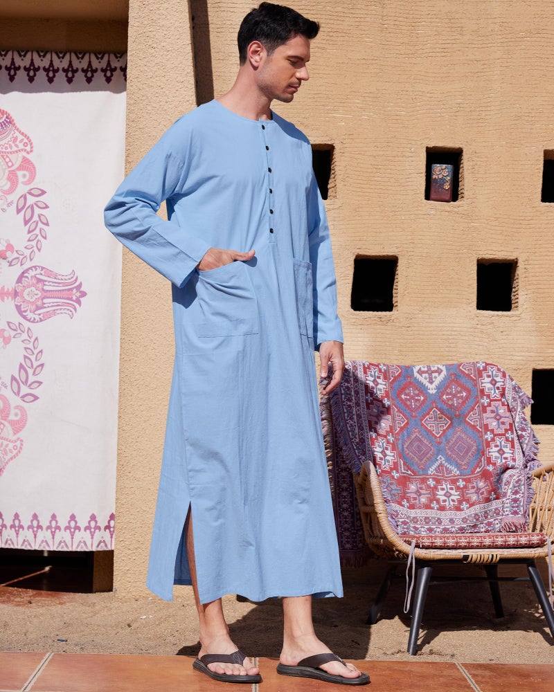 YAOHUOLE Islamic Thobe for Men Button down Mens Caftans Loungewear Muslim Robe Men Blue M - Image 2