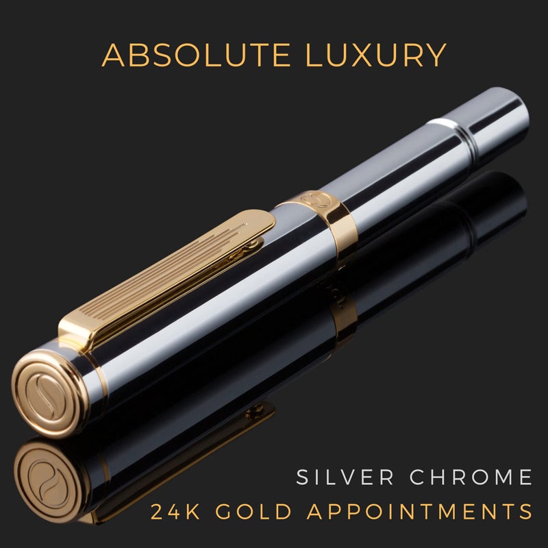Scriveiner Silver Chrome Fountain Pen (Medium), Award Winning Luxury Pen, Heavy Pocket Pen with 24K Gold Finish, Schmidt Nib, Converter, Best EDC Writing Pen Gift Set for Men & Women, Nice Fancy Pen - Image 2