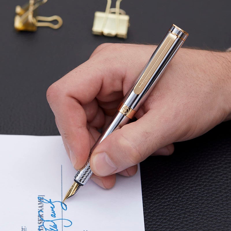 Scriveiner Silver Chrome Fountain Pen (Medium), Award Winning Luxury Pen, Heavy Pocket Pen with 24K Gold Finish, Schmidt Nib, Converter, Best EDC Writing Pen Gift Set for Men & Women, Nice Fancy Pen - Image 5