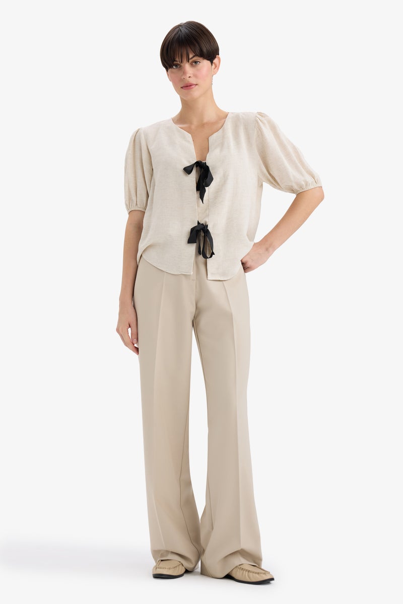 DeFacto Beige Woman Regular Fit Crew Neck Linen Blend Blouse Casual - Image 2