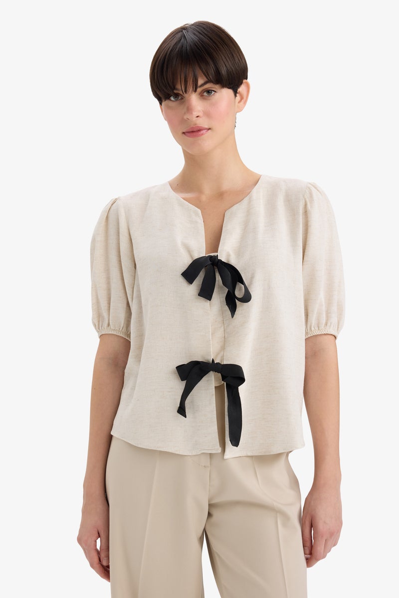 DeFacto Beige Woman Regular Fit Crew Neck Linen Blend Blouse Casual - Image 3