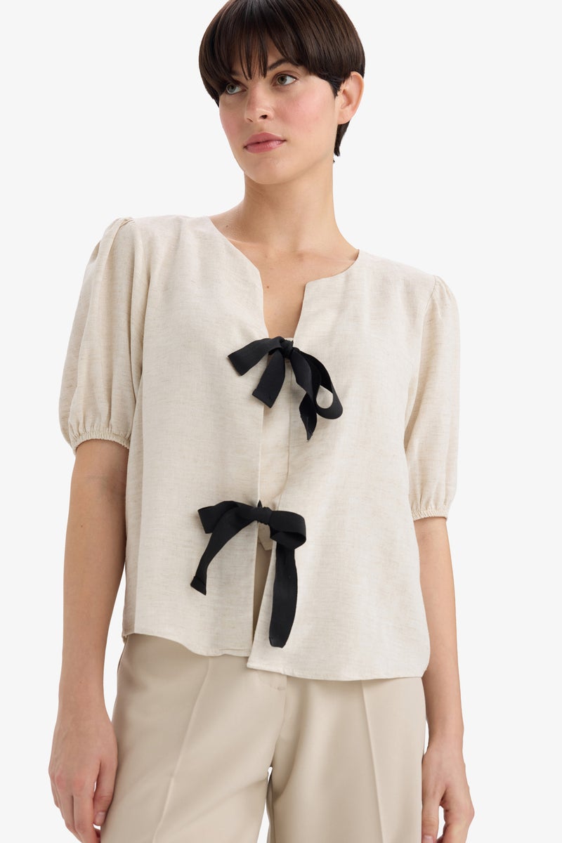 DeFacto Beige Woman Regular Fit Crew Neck Linen Blend Blouse Casual - Image 1