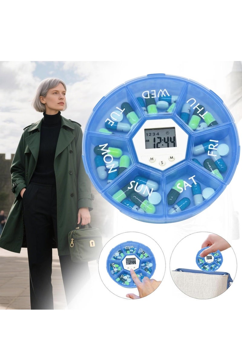 واي آند دي صندوق تخزين الأدوية المحمول صندوق تنظيم الأدوية الذكي ذو السبعة أقسام صندوق تنظيم الأدوية الأسبوعي لسبعة أيام مع مؤقت تذكير حاوية أدوية محمولة مستديرة مقاومة للماء والعفن صندوق أدوية يومي للاستخدام الصباحي والمسائي في المنزل أو أثناء السفر أو في مكان العمل أو في الجيب أو في الهواء الطلق مناسب لتخزين الأدوية ومكملات الفيتامينات - Image 1