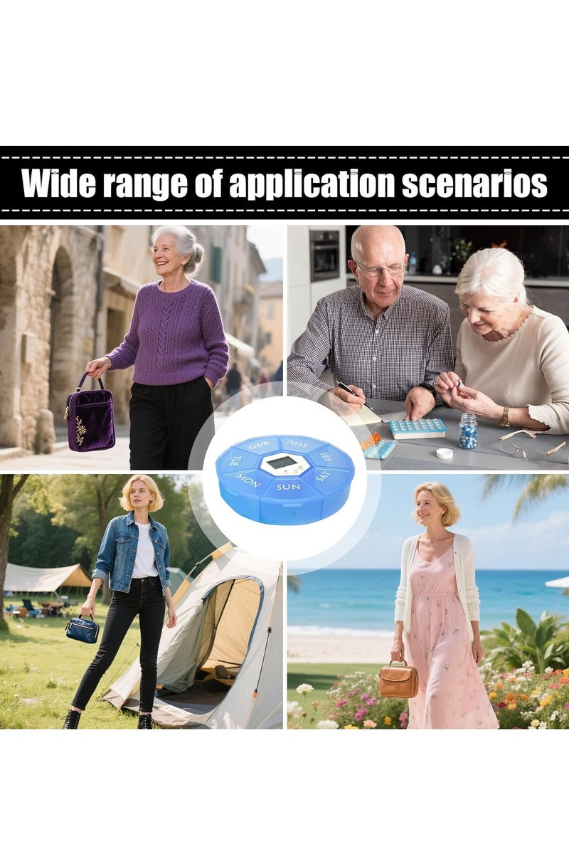 واي آند دي صندوق تخزين الأدوية المحمول صندوق تنظيم الأدوية الذكي ذو السبعة أقسام صندوق تنظيم الأدوية الأسبوعي لسبعة أيام مع مؤقت تذكير حاوية أدوية محمولة مستديرة مقاومة للماء والعفن صندوق أدوية يومي للاستخدام الصباحي والمسائي في المنزل أو أثناء السفر أو في مكان العمل أو في الجيب أو في الهواء الطلق مناسب لتخزين الأدوية ومكملات الفيتامينات - Image 4