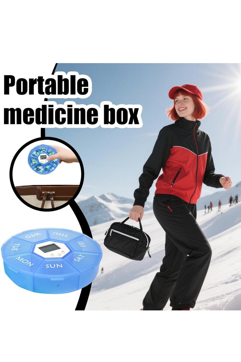 واي آند دي صندوق تخزين الأدوية المحمول صندوق تنظيم الأدوية الذكي ذو السبعة أقسام صندوق تنظيم الأدوية الأسبوعي لسبعة أيام مع مؤقت تذكير حاوية أدوية محمولة مستديرة مقاومة للماء والعفن صندوق أدوية يومي للاستخدام الصباحي والمسائي في المنزل أو أثناء السفر أو في مكان العمل أو في الجيب أو في الهواء الطلق مناسب لتخزين الأدوية ومكملات الفيتامينات - Image 5