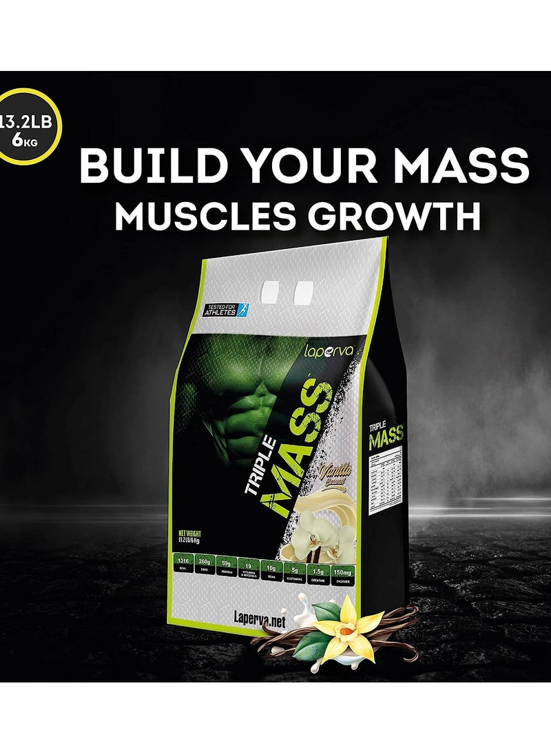 laperva Triple Mass Gainer Protein Powder, High Calorie Weight Gainer with Glutamine & Added Essential Fatty Acids, Creatine Blend +10 gm of BCAA (Vanilla Caramel, 13.2LB) - Image 3