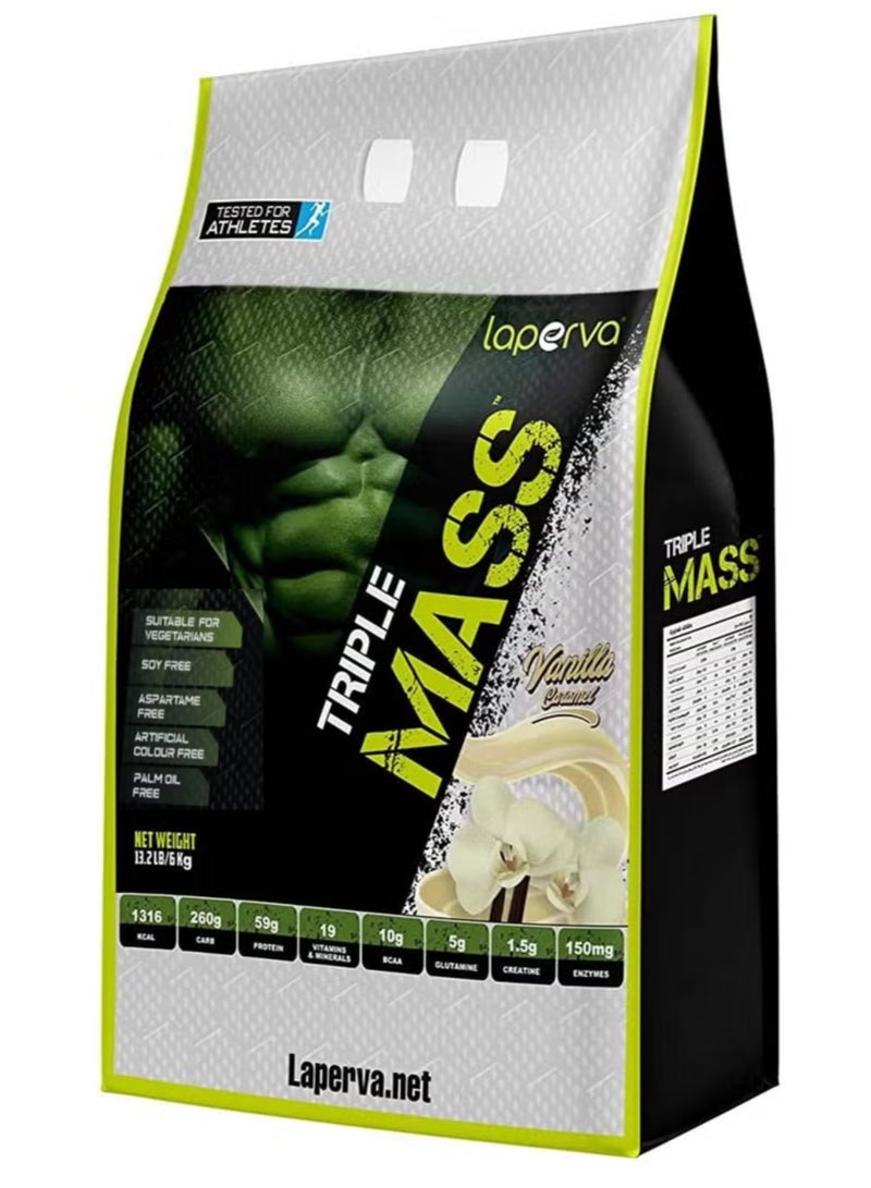 laperva Triple Mass Gainer Protein Powder, High Calorie Weight Gainer with Glutamine & Added Essential Fatty Acids, Creatine Blend +10 gm of BCAA (Vanilla Caramel, 13.2LB) - Image 1
