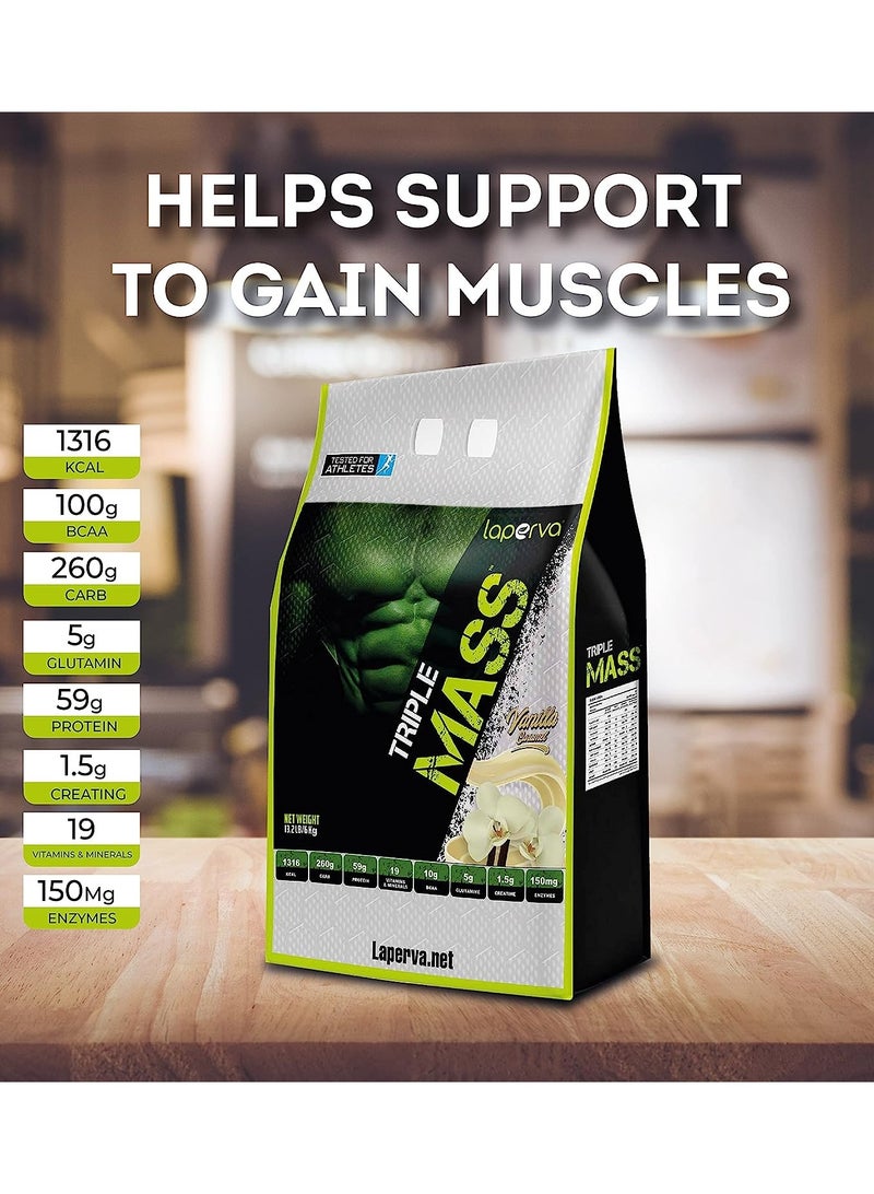 laperva Triple Mass Gainer Protein Powder, High Calorie Weight Gainer with Glutamine & Added Essential Fatty Acids, Creatine Blend +10 gm of BCAA (Vanilla Caramel, 13.2LB) - Image 5